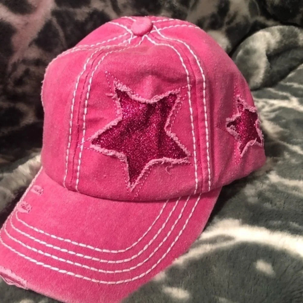 Boutique NWT Vintage distressed Gitter Star ponytail pink cap
